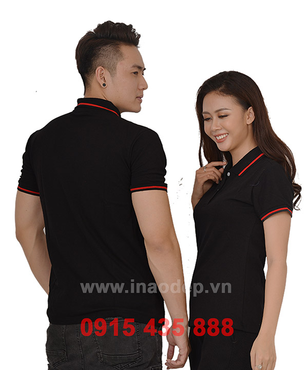 Áo phông cổ bẻ màu đen - phối đỏ | Ao phong co be mau den phoi do